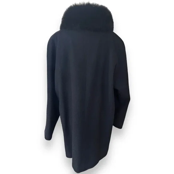 Genuine Fox Fur Collar Trench Coat Jacket Size 12 100% Wool Black Finland​​​​​